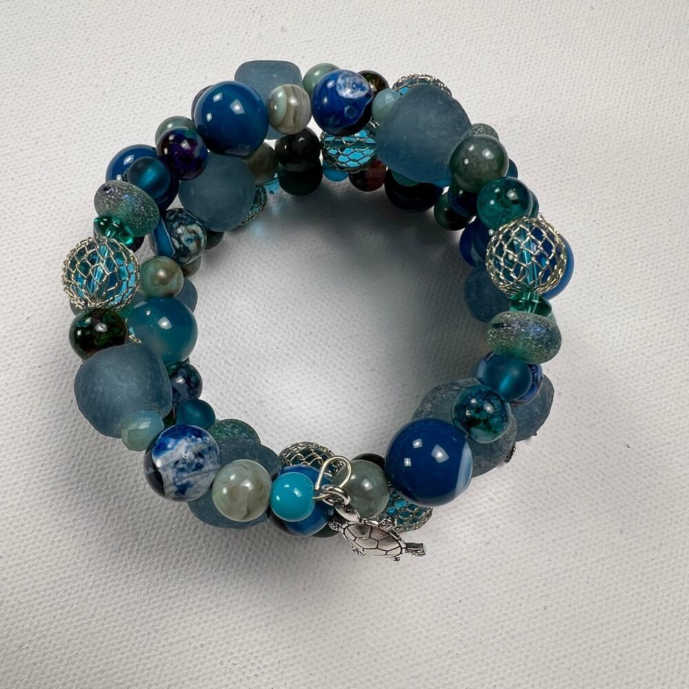 Hand Beaded Coil Statement Bracelet Beachy Turquoise Beads and Mixed Metals